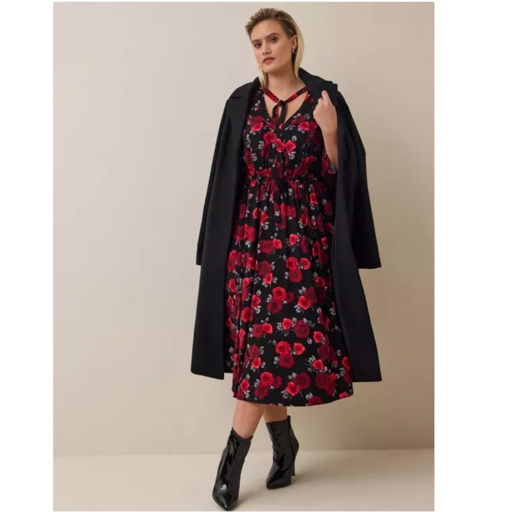 TORRID NWT Midi Stretch Challis Tie Neck Dress 0680
